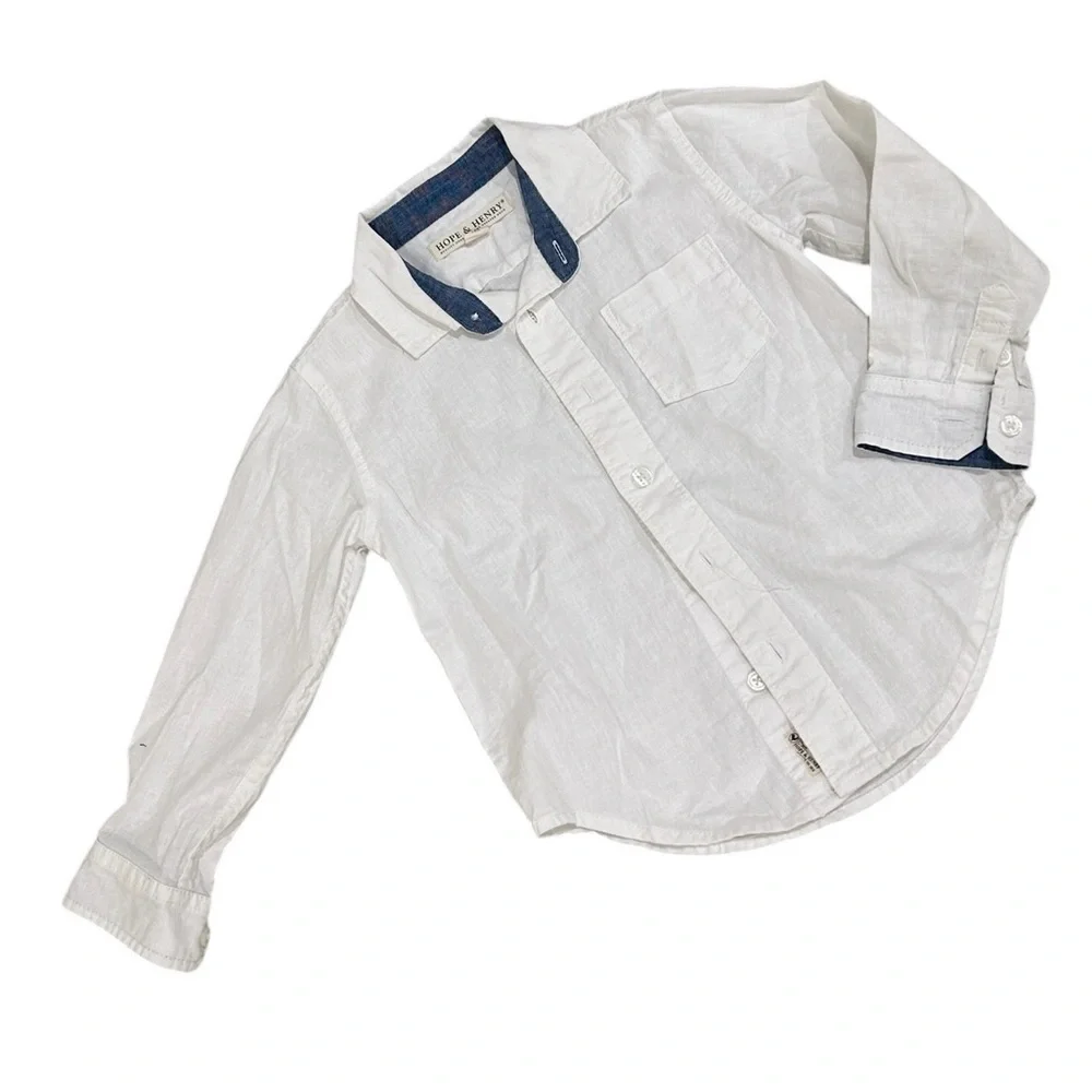 Hope & Henry White linen/cotton Blue denim collar trim Button Down Shirt size xs